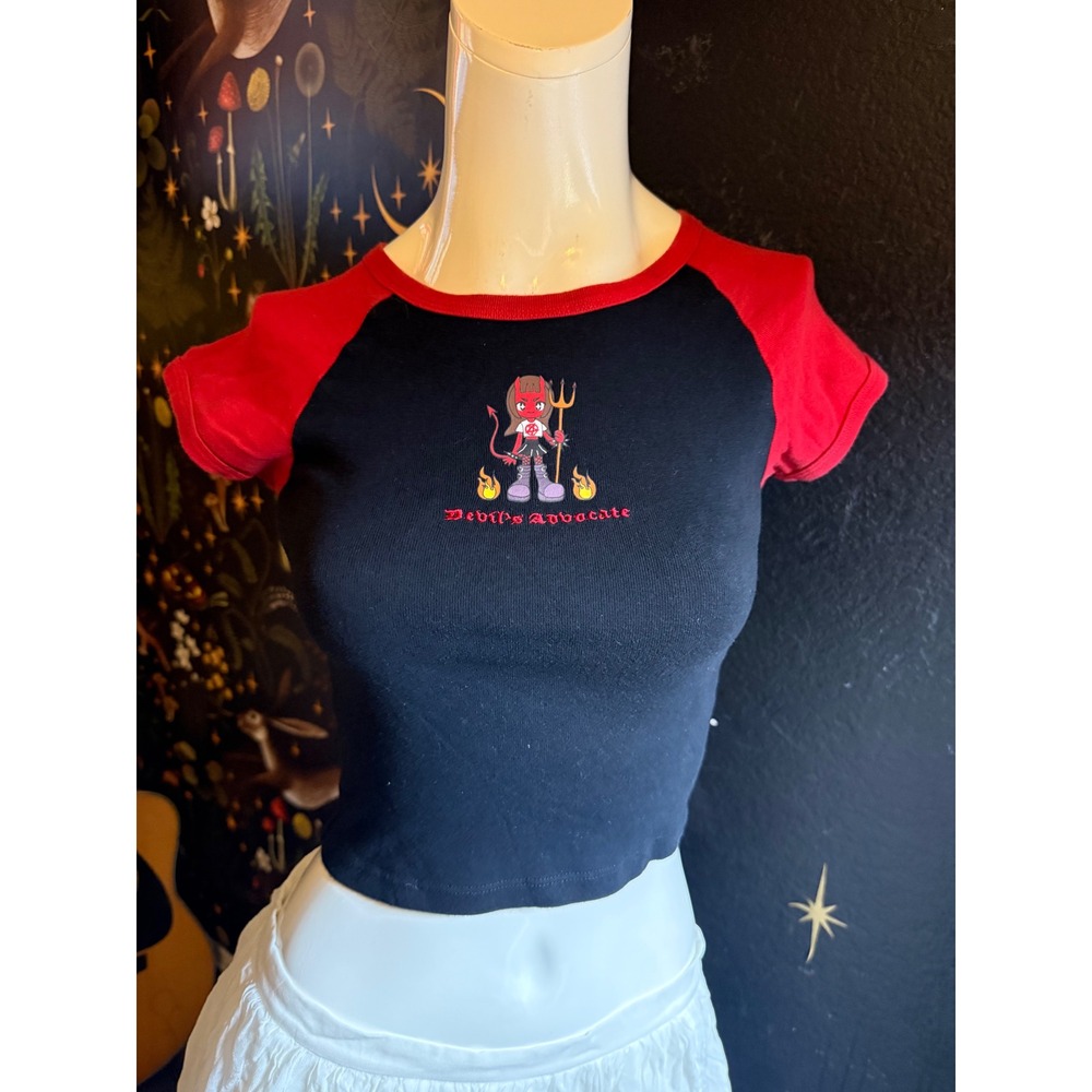 A-Lab Devils Advocate Raglan Baby Tee Black Red Graphic Crop Top Small
